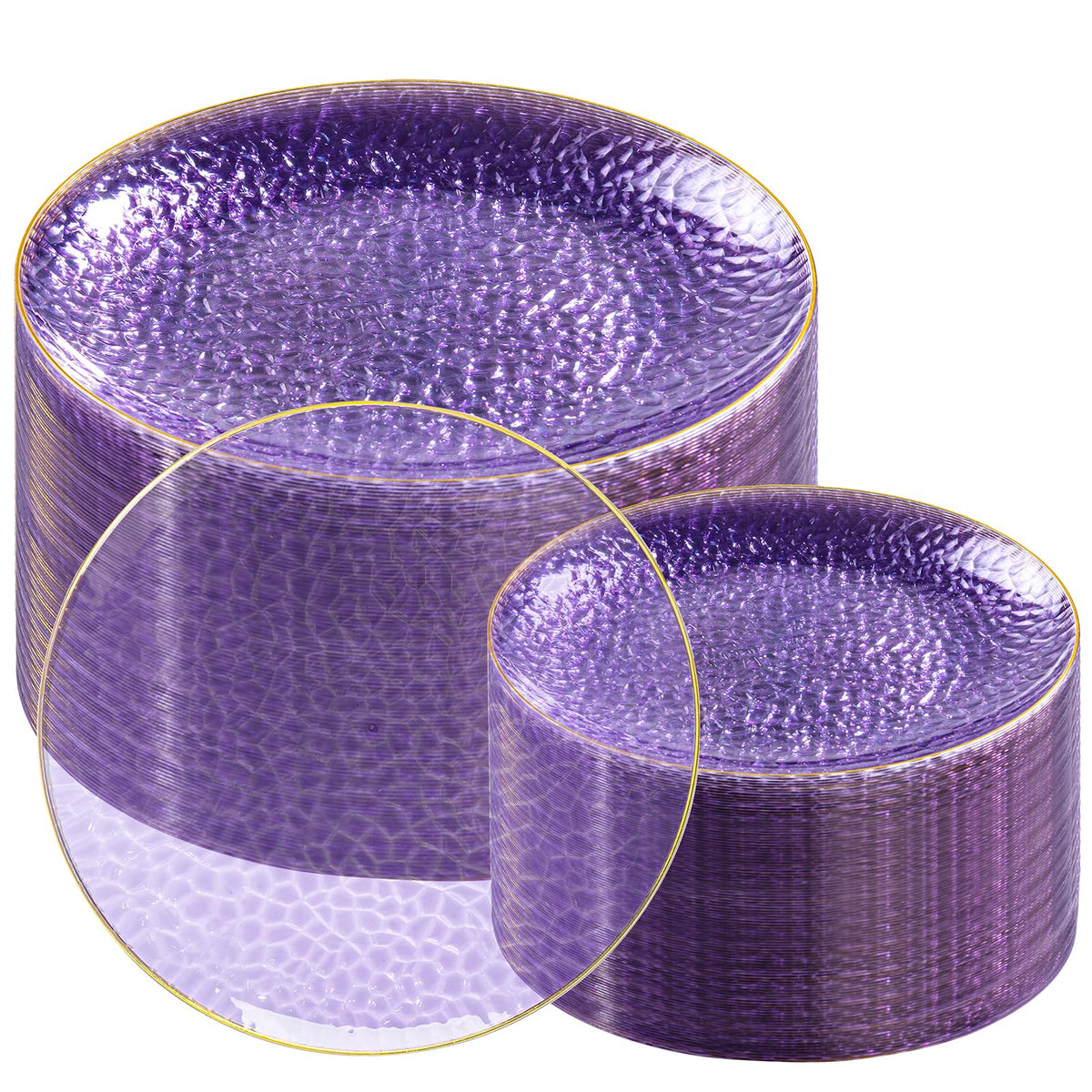 Rubtlamp 100Pcs Clear Gold Plastic Plates, Disposable Plates With Gold Rim, Heavy-duty Party Platos, Hammered Plastic Plates Include 50 Clear Dessert Plates, 50 Dinner Plates for Party
