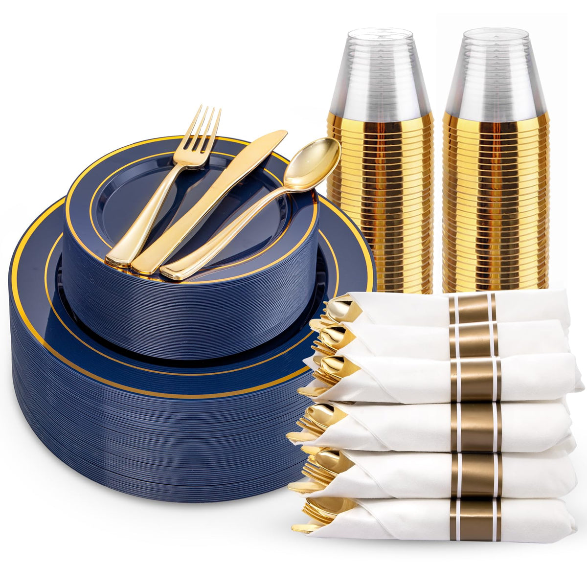 WDF Partyware 350Piece Gold Dinnerware Set for 50 Guests - Gold Plastic Plates with Disposable Cutlery - 50Dinner Plates-50Dessert Plates-50Pre Rolled Napkins with Silverware for Wedding/Birthday