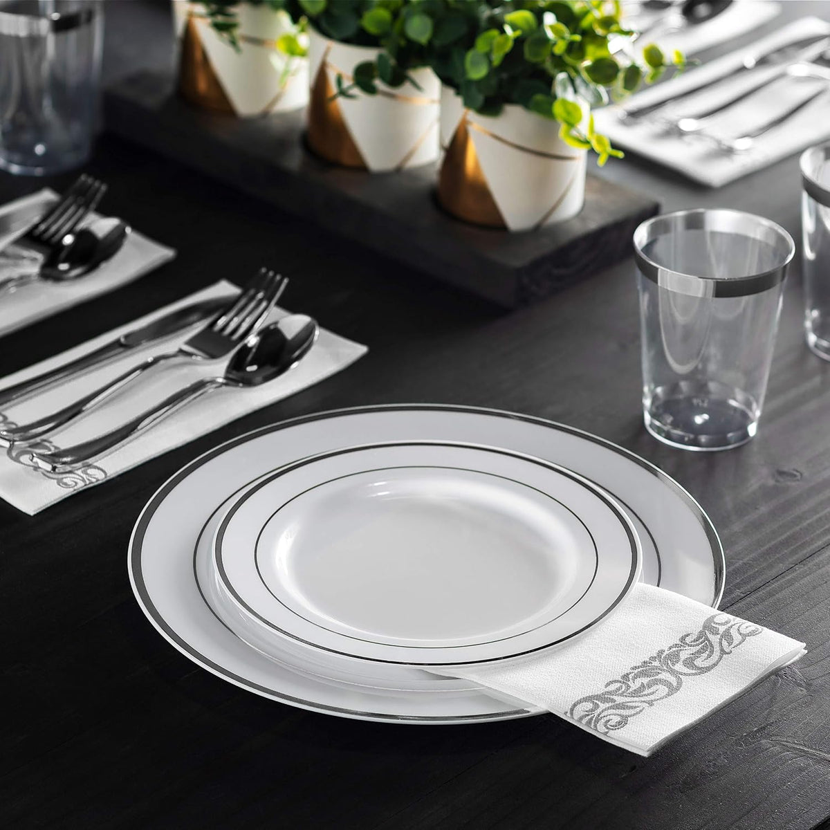100 Silver Rim White Plastic Plates Set, 10 Inch 7 Inch Combo Pack 50 Each