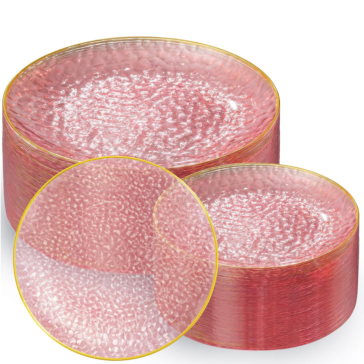 Rubtlamp 100Pcs Clear Gold Plastic Plates, Disposable Plates With Gold Rim, Heavy-duty Party Platos, Hammered Plastic Plates Include 50 Clear Dessert Plates, 50 Dinner Plates for Party