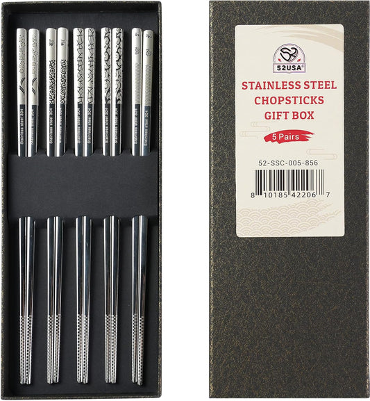52USA Stainless Steel Chopsticks Gift Box, 5 Pairs – Reusable, Dishwasher Safe, Non-Slip Design, Ideal for Sushi, Noodles, and Everyday Dining