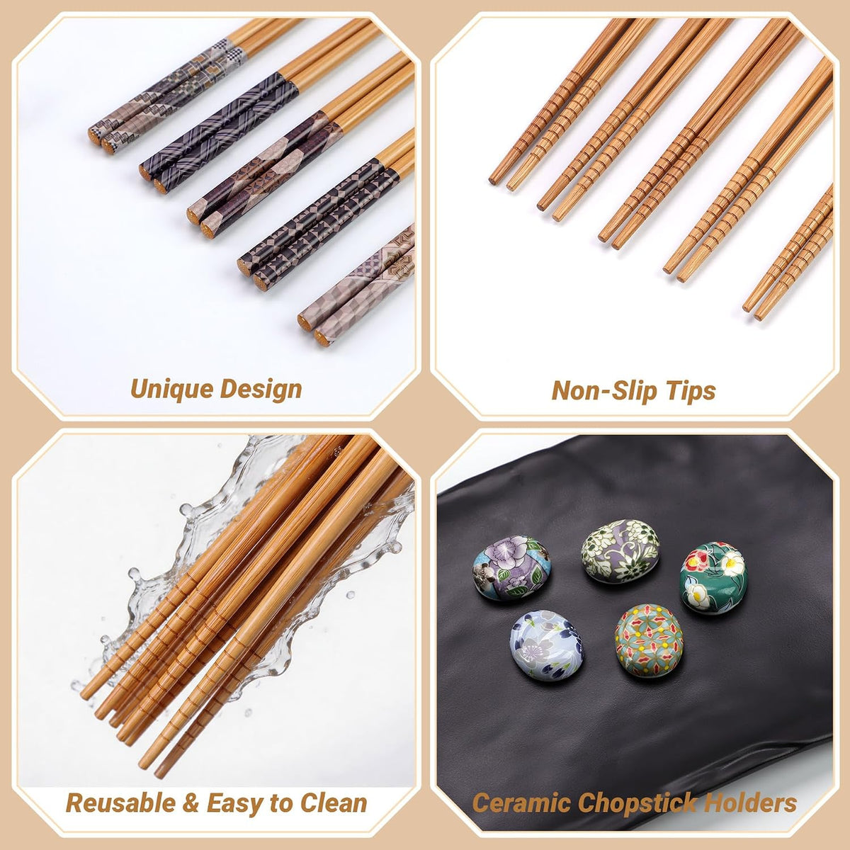 Antner 5 Pairs Reusable Bamboo Chopsticks with Ceramic Rests, 8.8 Inch Japanese Style Chop Sticks with Chopstick Holders for Sushi Ramen Asian Cuisine, Elegant Black Gift Box for Home or Gift Giving