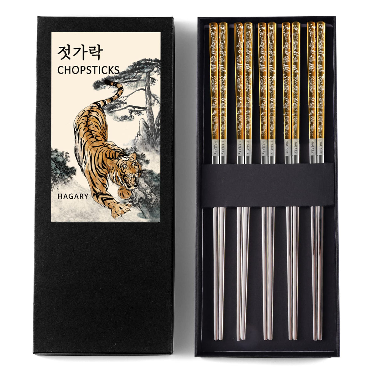 Hagary Tiger Chopsticks Metal Chopsticks Reusable (Gold - 2 Pairs)