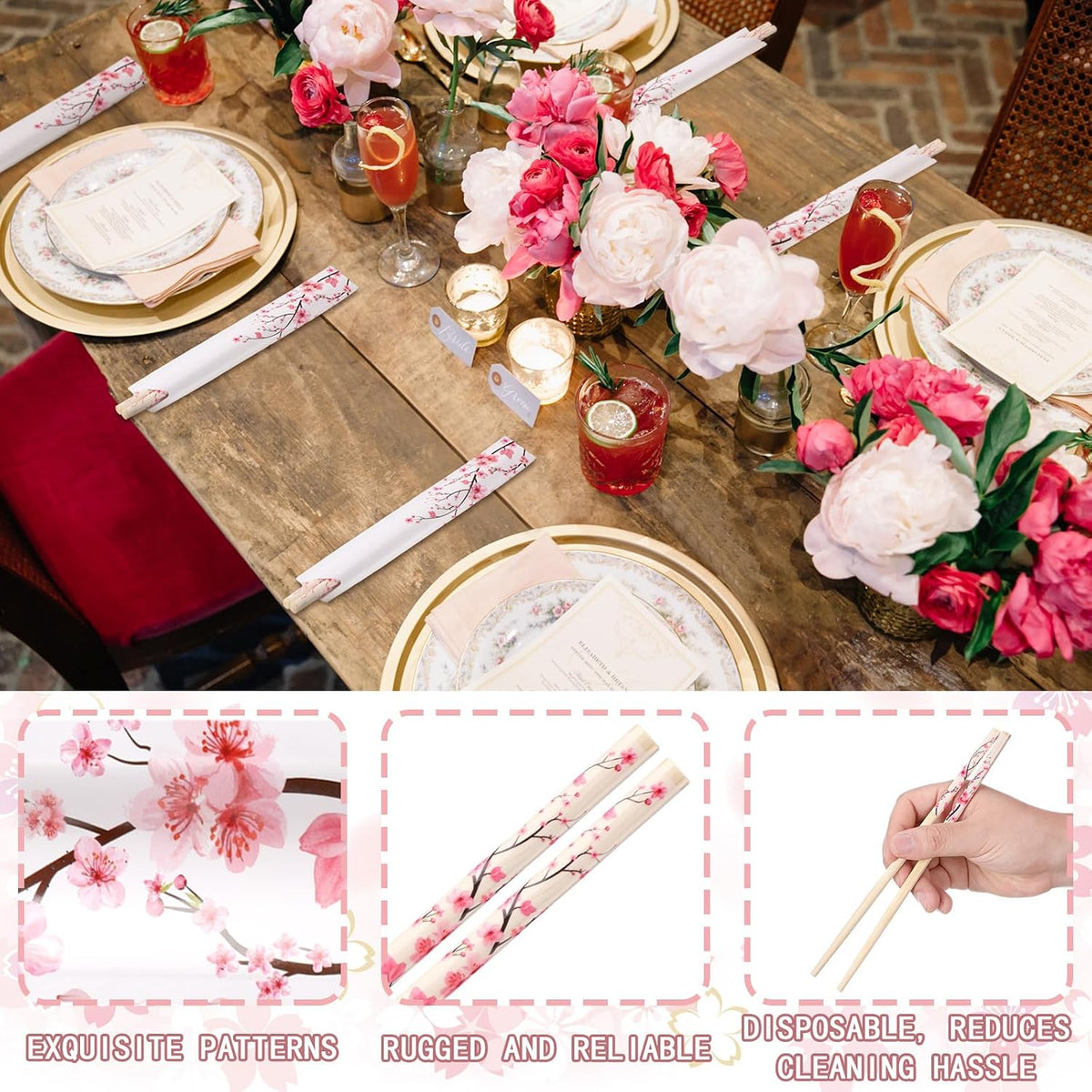 50 Pairs Cherry Disposable Bamboo Chopsticks Bulk Sleeved