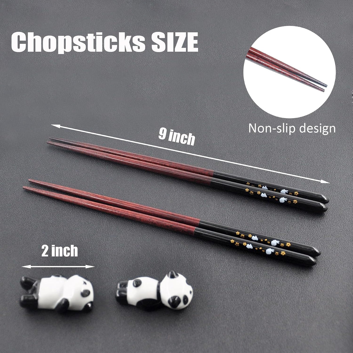 Wooden Japanese Chopsticks Reusable with Ceramic Panda Holders 2 Pair