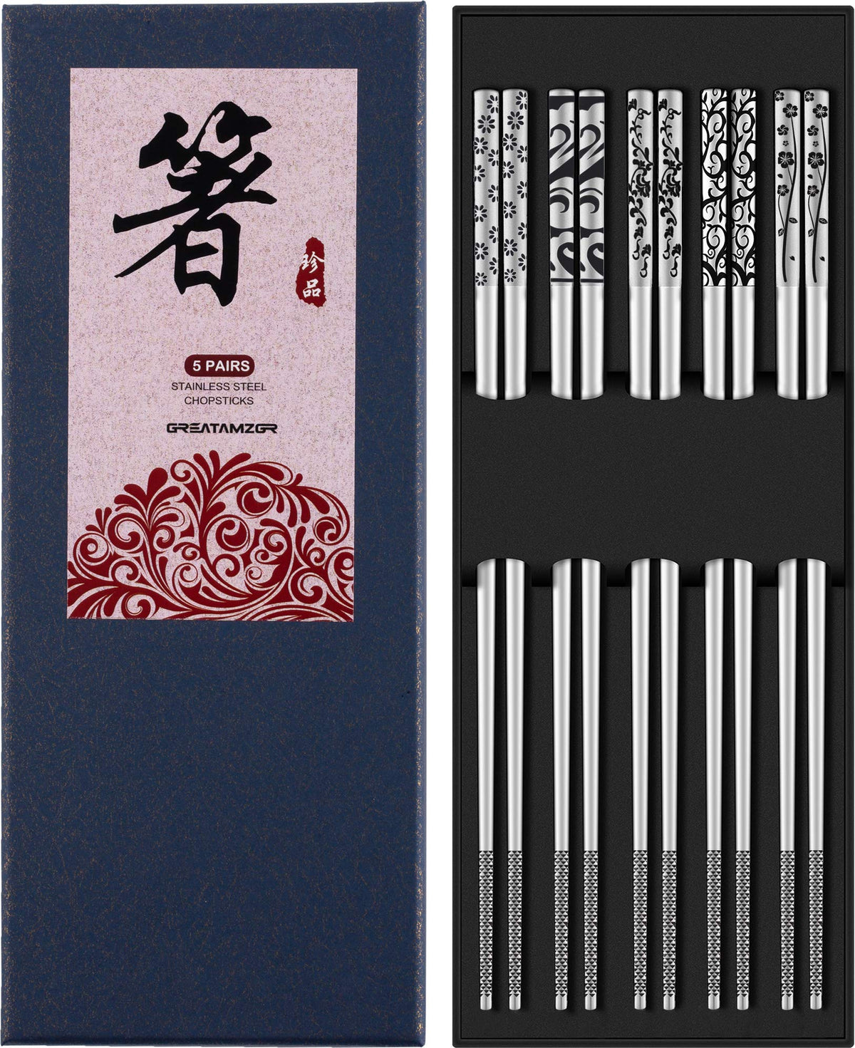 Metal Chopsticks Reusable 18/8 Stainless Steel Chopsticks Multipack Dishwasher Safe Chop Sticks Cute Laser Engraved Non-slip Japanese Korean Chopstick for Cooking Eating 9 1/4 Inches 5 Pairs Gift Set