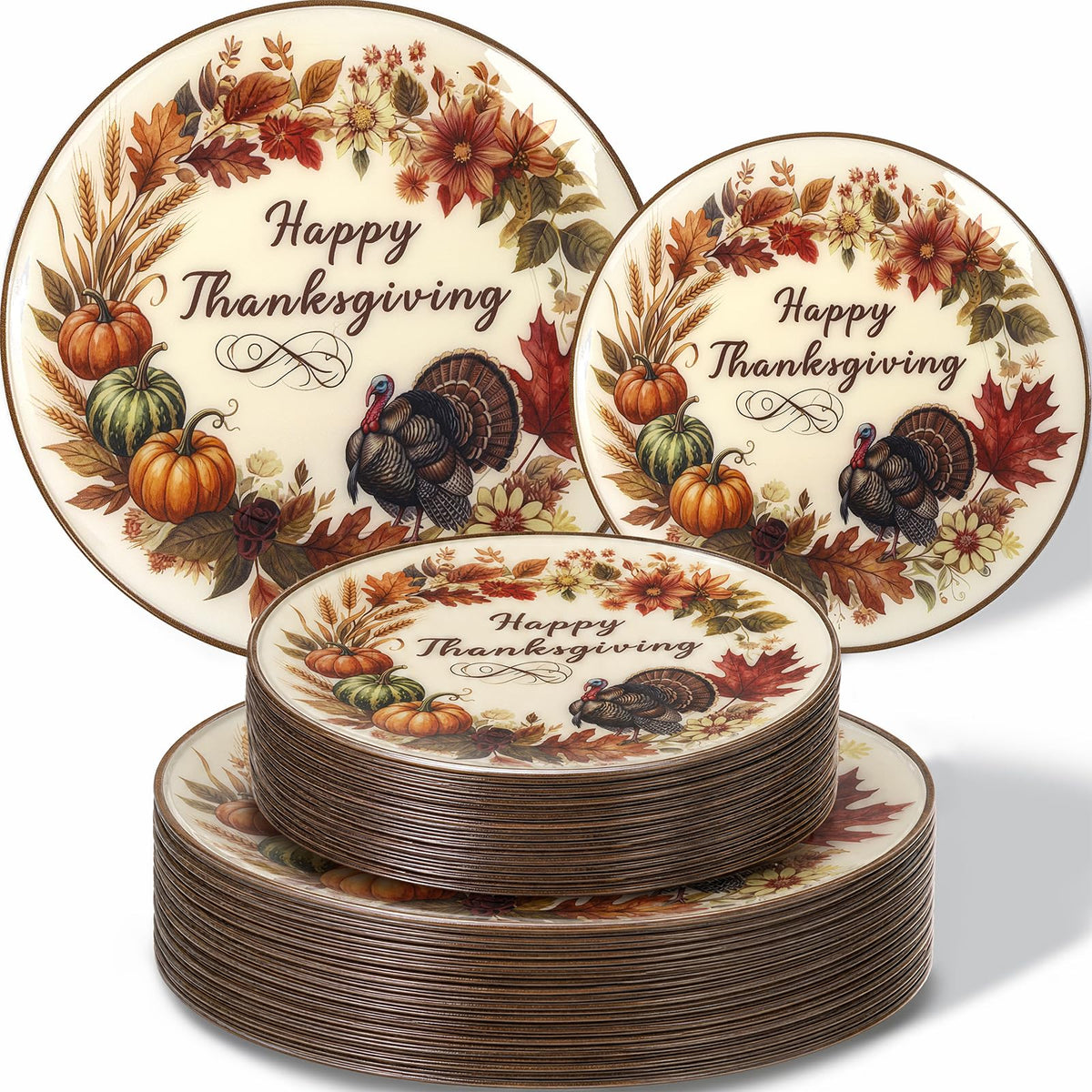 KIRE 100PCS White Plates with Gold Trim - Plastic Disposable Plates - Includes 50Pieces 10.25inch Dinner and 50Pieces 7.5inch Dessert/Salad Plastic Plate for Wedding Receptions/Party/Thanksgiving