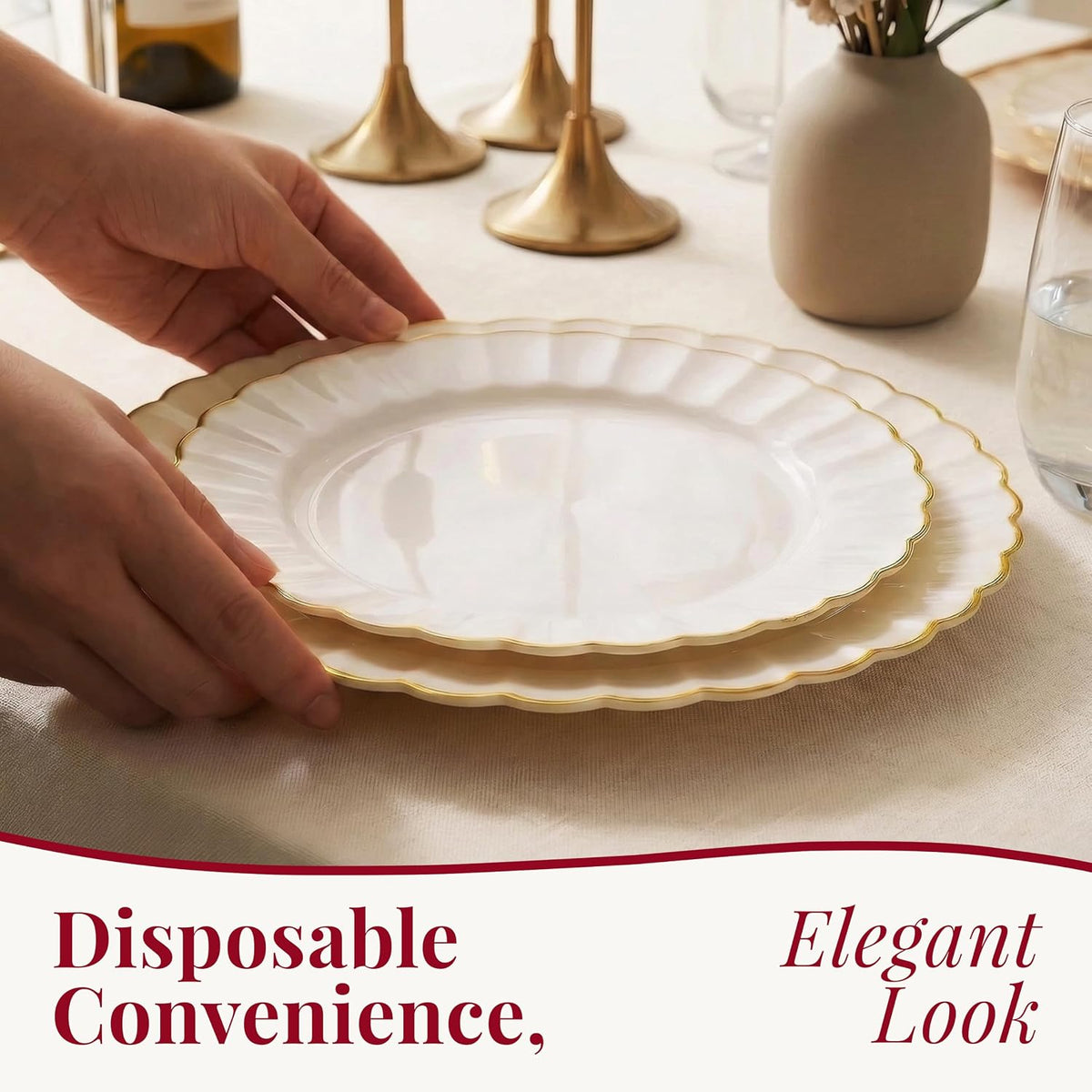 By Madee HEAVYWEIGHT Ivory Gold Scalloped Disposable Plates for Party 60 Pc