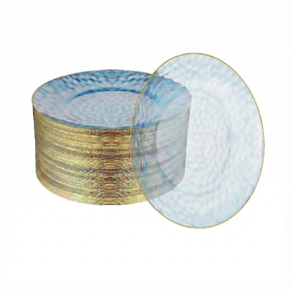 R-kay 100 Pack 7 Inch Clear Plastic Plates - Hammered Gold Rimmed Sturdy, Durable And Extra Heavy duty Gold Plastic Dessert, Appetizer Plates Disposable For All Occasions