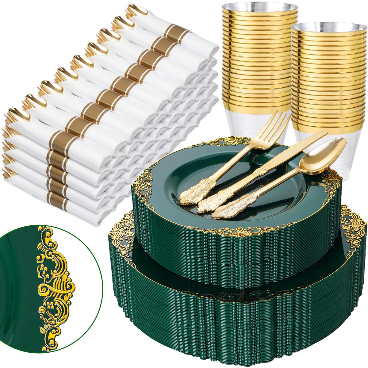 Nervure 350Pcs Gold Plastic Plates, Disposable Dinnerware Set for 50 Guests