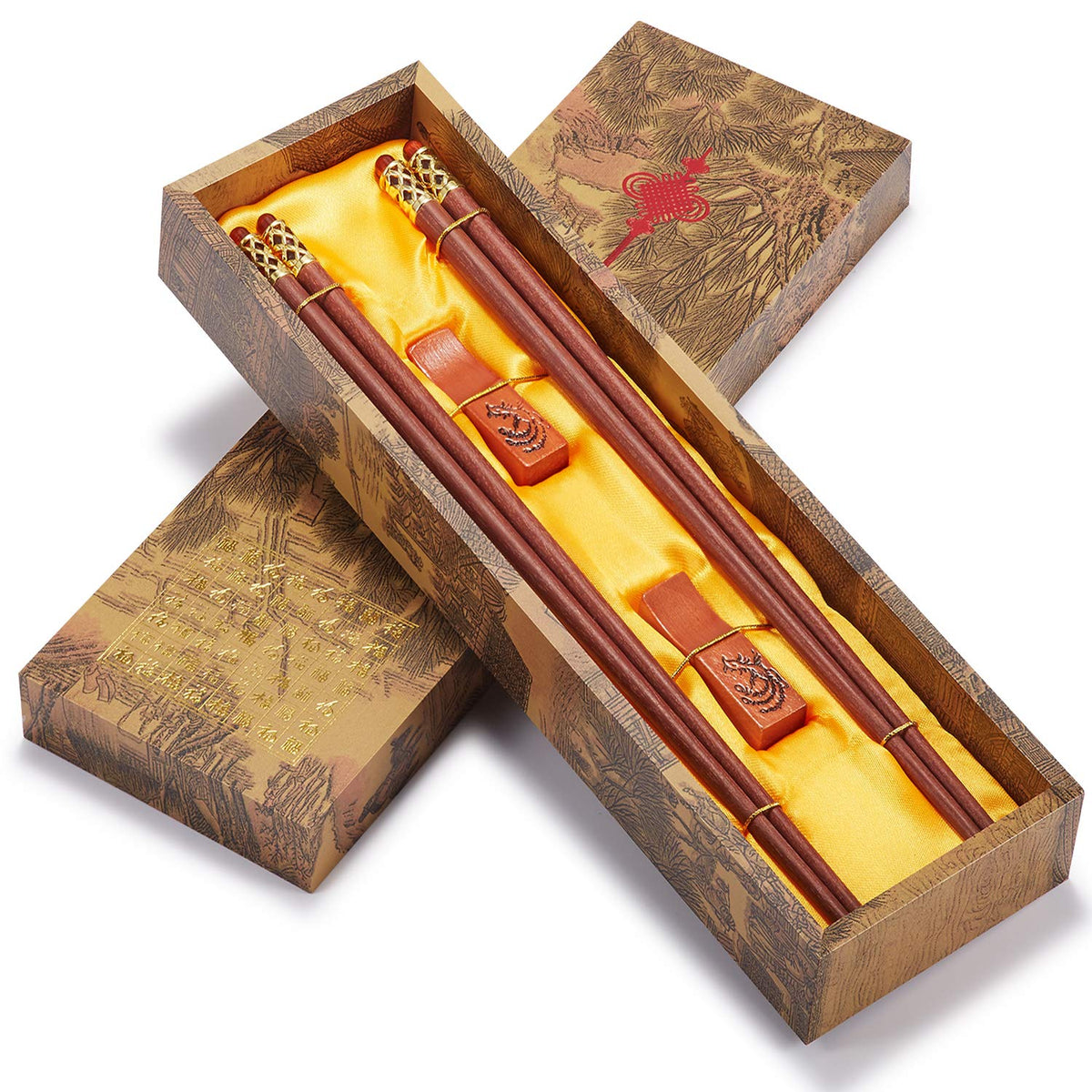 Chopstick Reusable Chinese Dragon and Phoenix Chopsticks with Holder and Carrying Bag Chinese Traditional Stylish Set（2 Pairs）