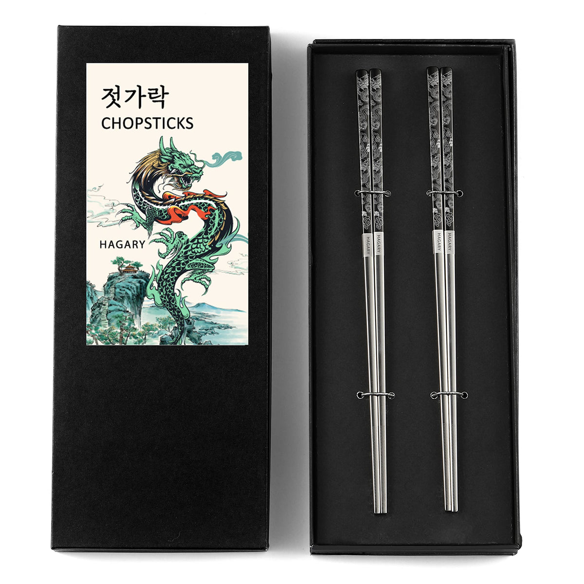 Hagary Dragon Chopsticks Metal Reusable Designed In Korea Japanese Style Stainless Steel 316 18/10 Non-Slip Dishwasher Safe Laser Etched (Gold - 5 Pairs)