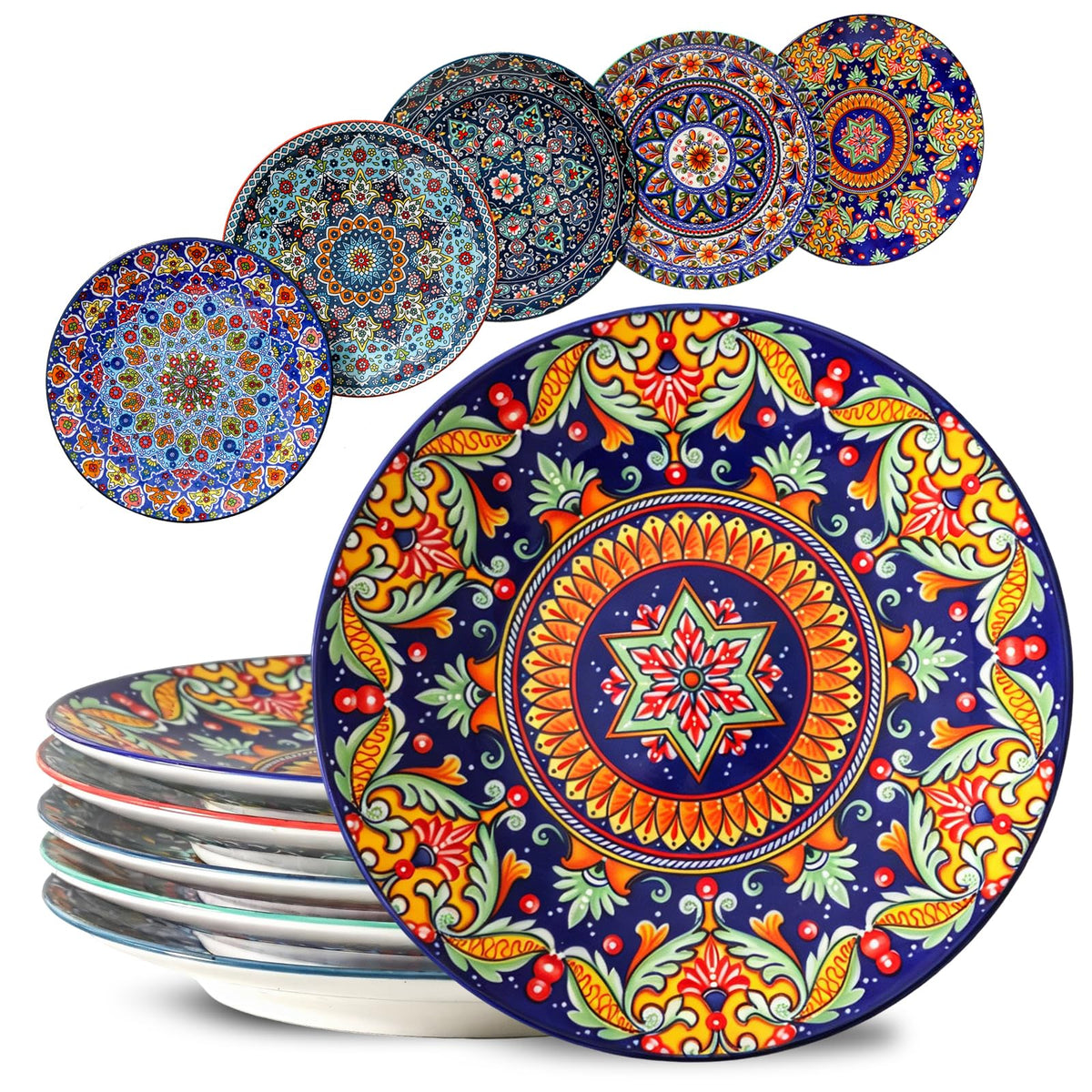 glowworm Dinner Plates, 10.5 Inch Ceramic Plates Set of 6, Bohemian