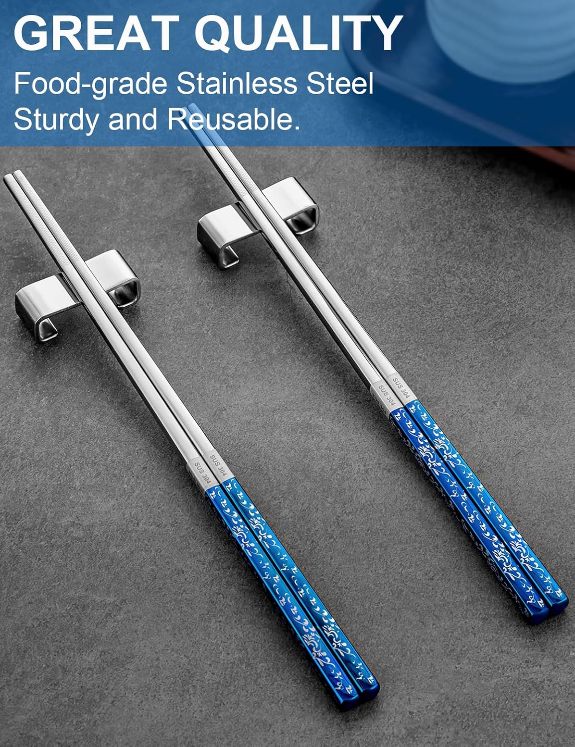 FOFAYU Metal Chopsticks Reusable 2 Pairs Titanium Plated Stainless Steel Chopsticks with Holder, Dishwasher Safe Non-Slip Japanese Style Chop Sticks Present Set (Blue Silver)