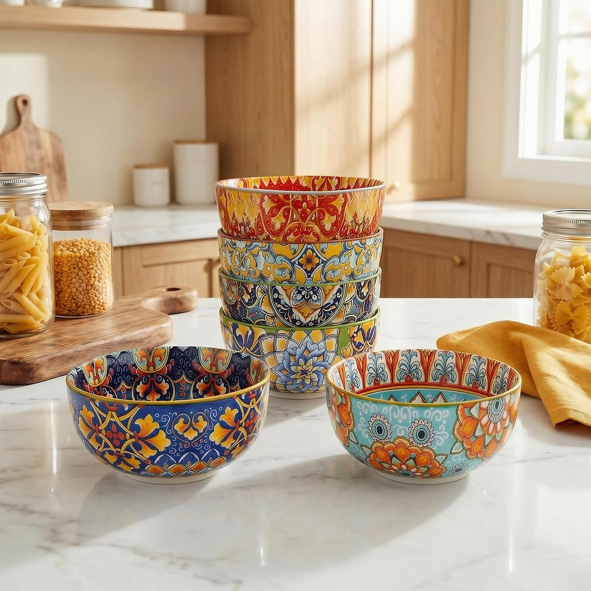 Boho Bowl Set of 6, 28 oz Colorful Ceramic Soup Cereal Bowls, Pasta