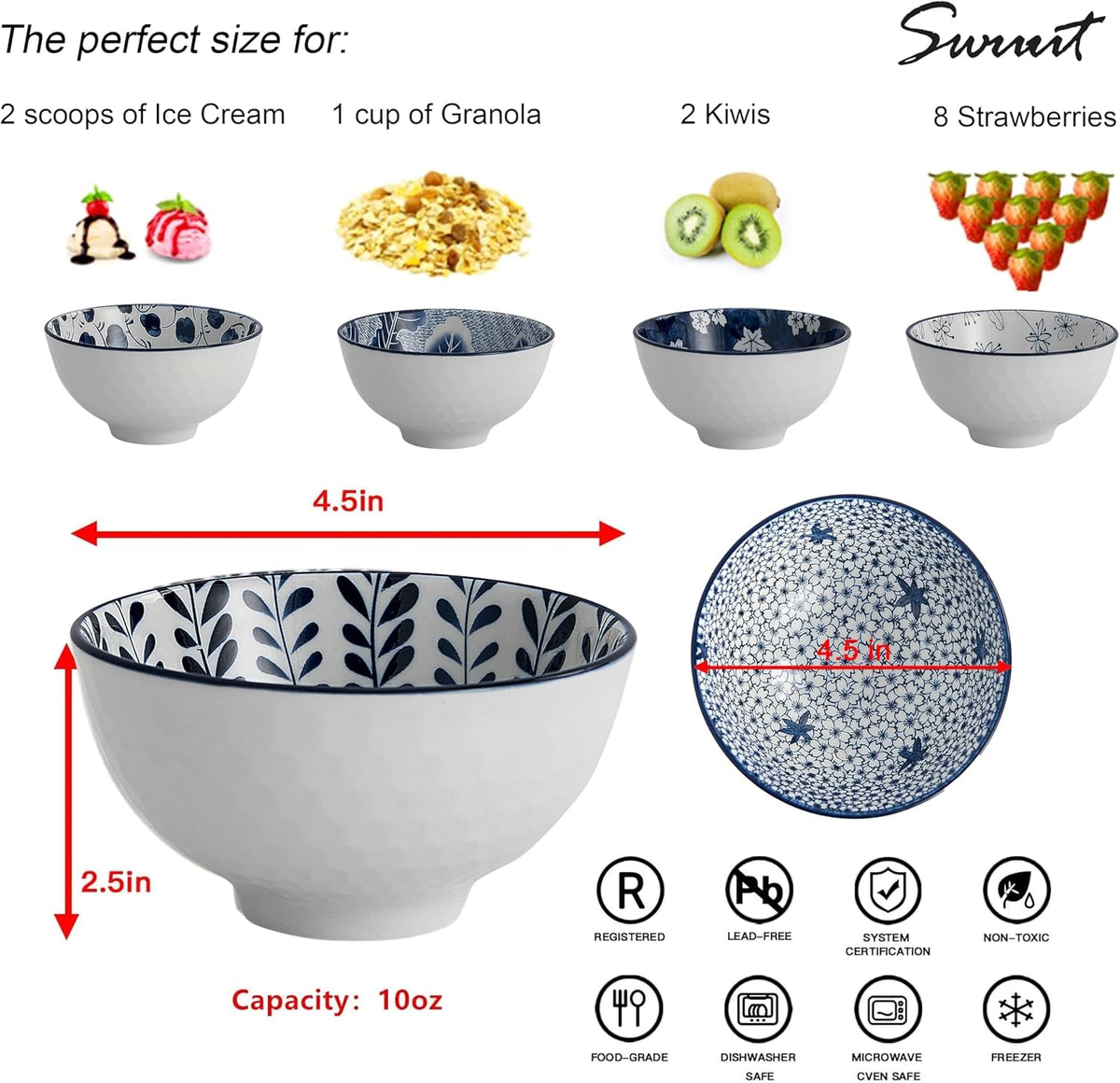 Japanese Style Ceramic Rice Bowls,10 Ounces Small Salad,Soup,Ice Cream Snack Dip Bowl Set of 6,Blue and White Floral Microwave Safe for Kitchen (4.5 inch)