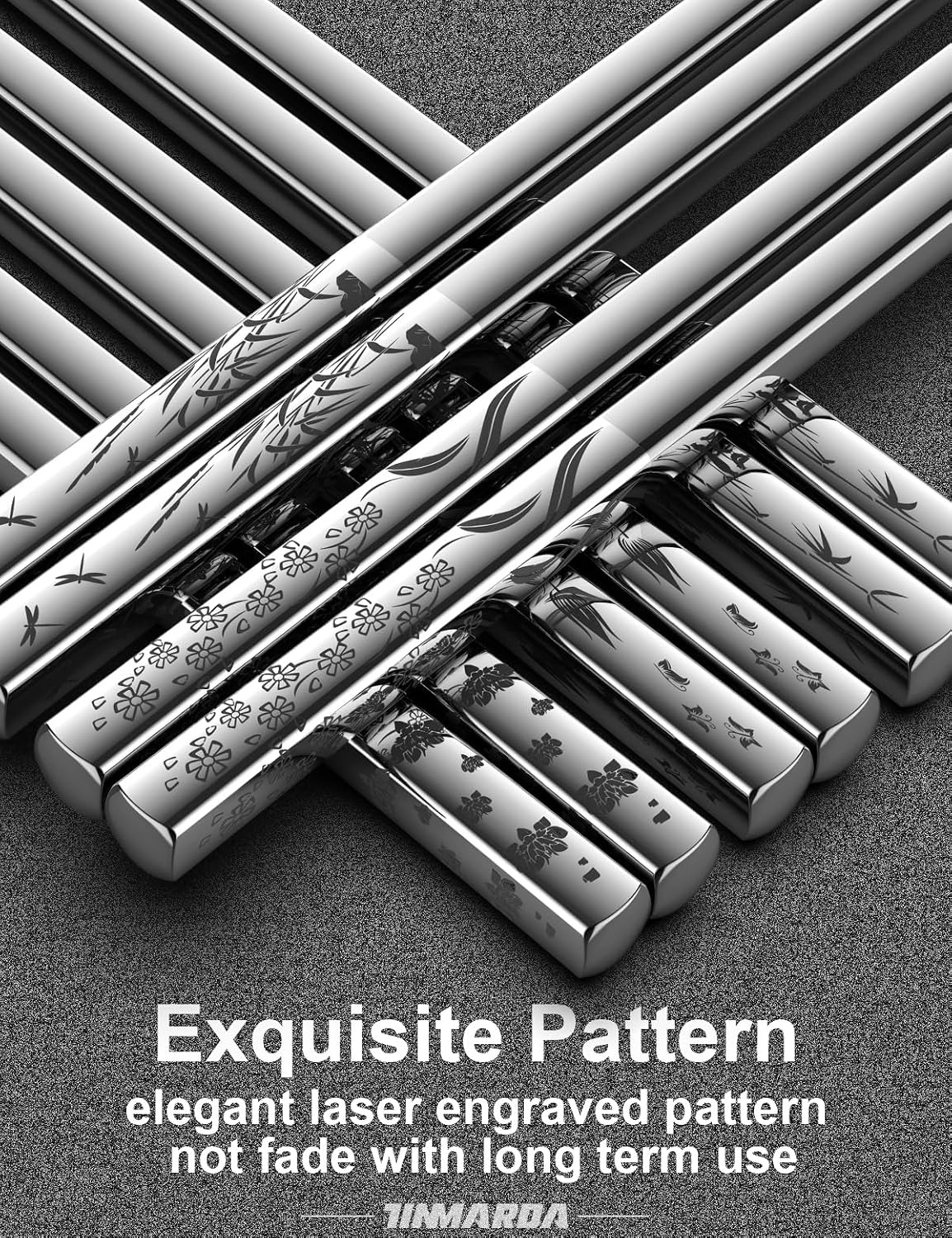 Metal Chopsticks Reusable 18/8 Stainless Steel Sleek Engraving Patterns Chop Sticks Reusable Dishwasher Safe Non-Slip Chopsticks+Flower Silver 5 Pairs