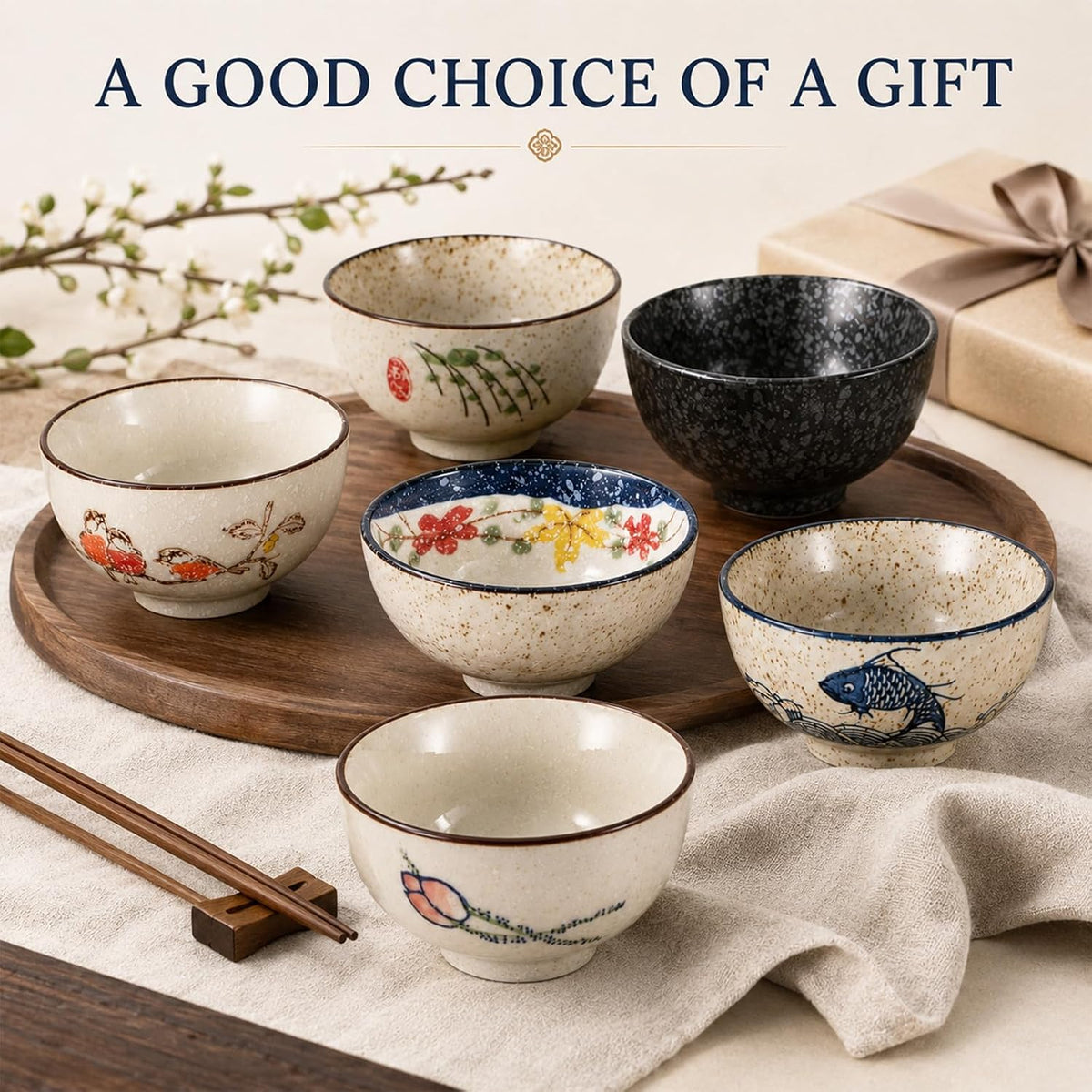 6 Pack Japanese Retro Rice Bowls Set