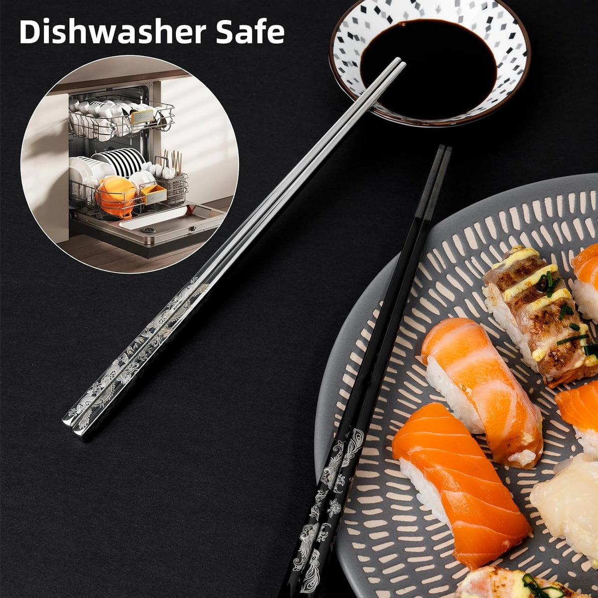 Dragon & Phoenix Black Stainless Steel Chopsticks, 2 Pairs