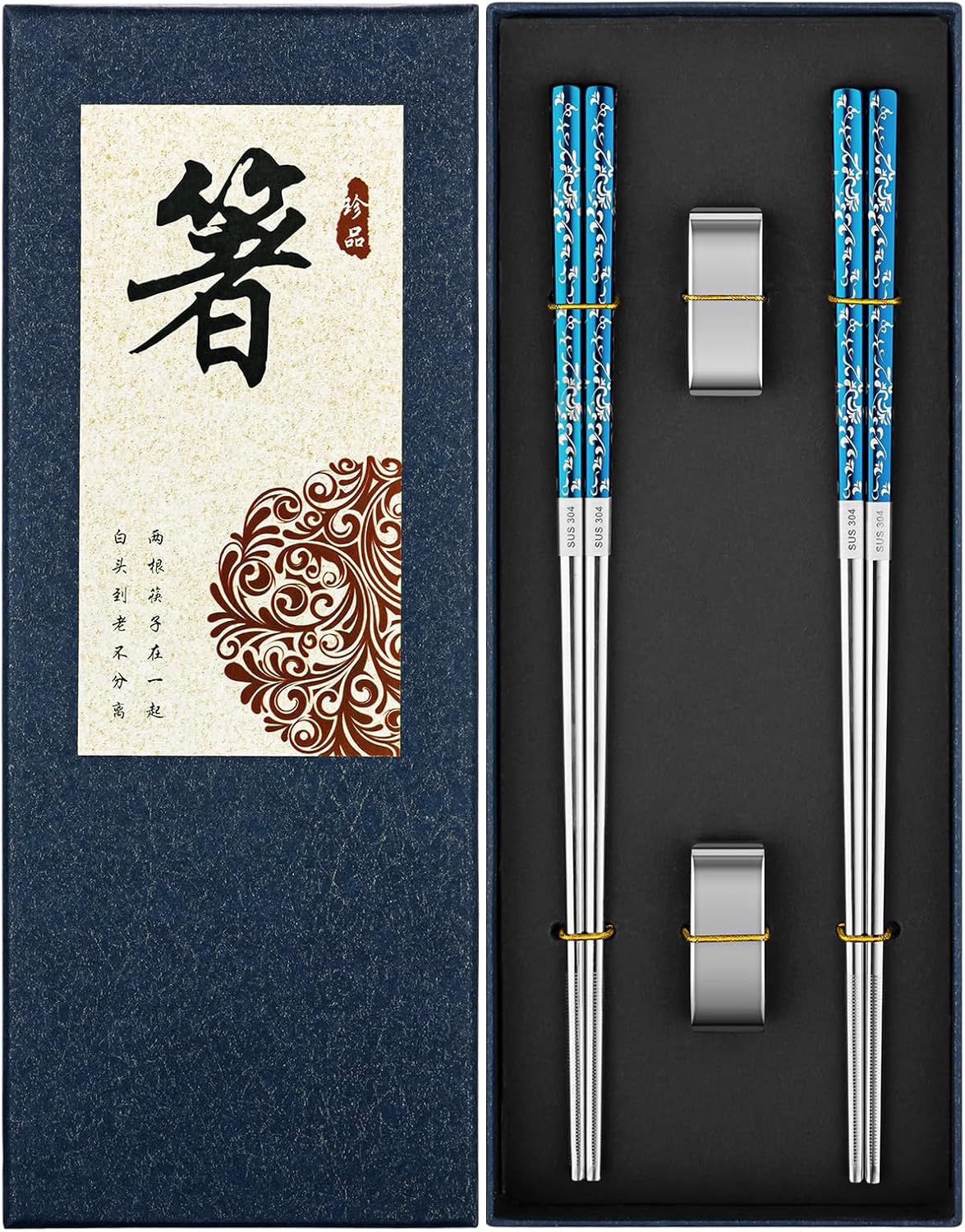 FOFAYU Metal Chopsticks Reusable 2 Pairs Titanium Plated Stainless Steel Chopsticks with Holder, Dishwasher Safe Non-Slip Japanese Style Chop Sticks Present Set (Blue Silver)