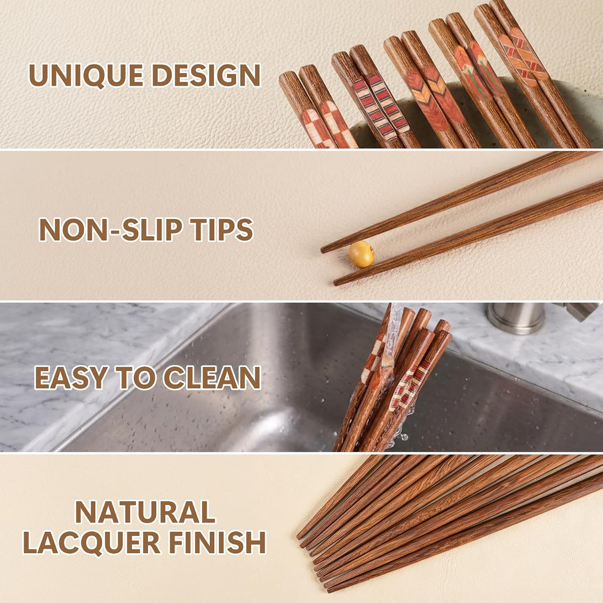 Antner 5 Pairs Wooden Chopsticks Reusable Japanese Hardwood Chop Sticks