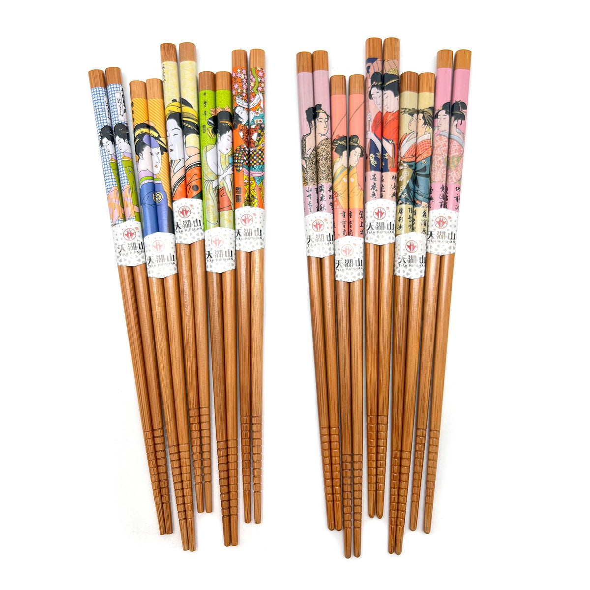 Wooden Chopsticks Reusable 5 Pairs Gift Set with 5pcs porcelain rest Panda and Green Bamboo Design Hand-Made 8.8 Inch/22.5cm
