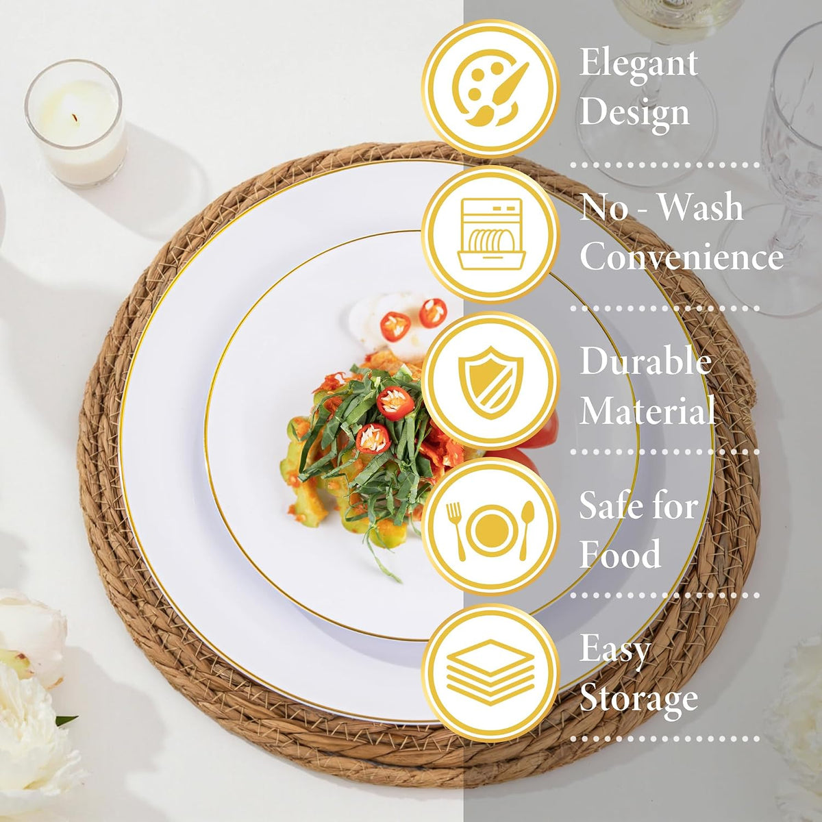 Nervure 100PCS White with Gold Rim Plastic Plates, 7.5″ Disposable Plates