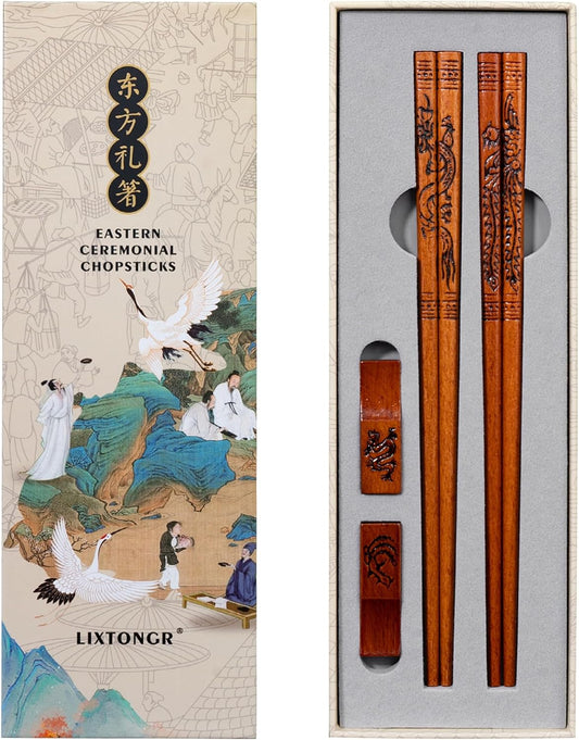 Dragon & Phoenix Beech Wood Chopsticks Set, 2 Pairs