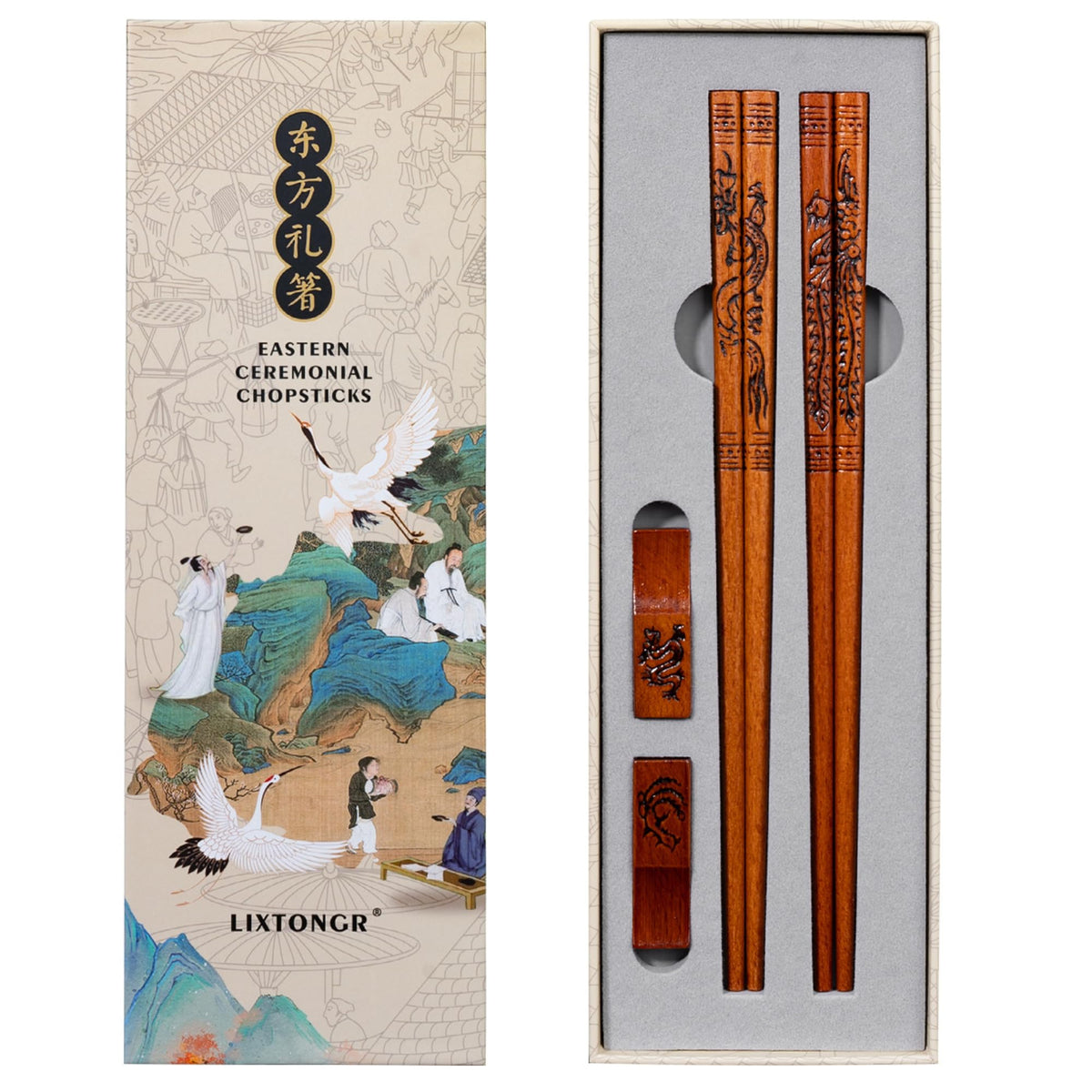 Dragon & Phoenix Beech Wood Chopsticks Set, 2 Pairs