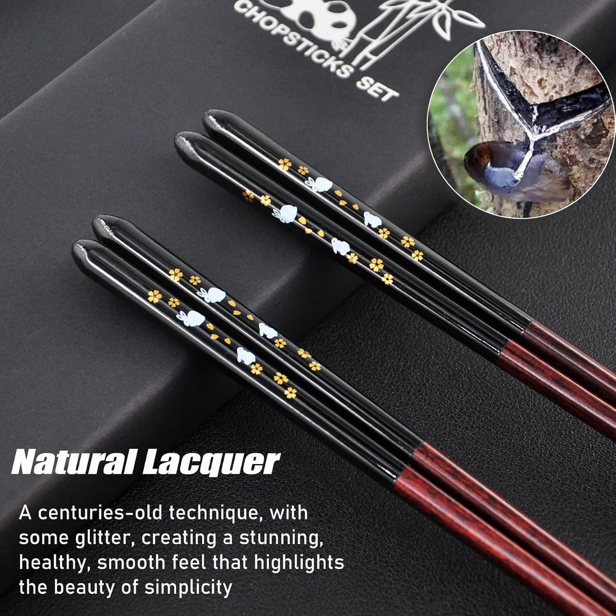 Wooden Japanese Chopsticks Reusable with Ceramic Panda Holders 2 Pair