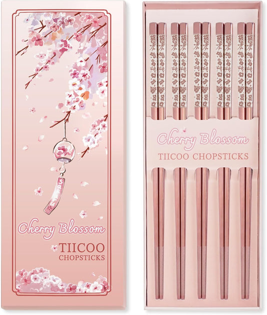 Chopsticks Reusable 18/8 Stainless Steel Chopsticks Pink Sakura Laser Engraved Metal Chop sticks Non-Slip Dishwasher Safe Japanese Korean Chopstick for Cooking Eating 5 Pairs Premium Gift Set