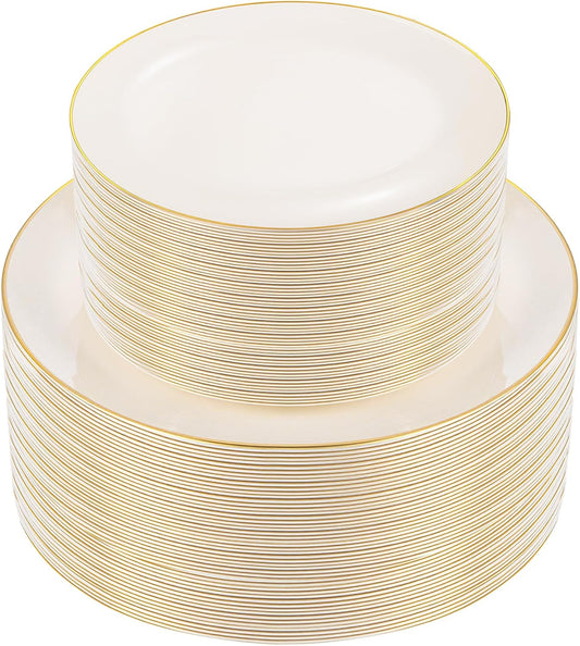 PULOTE 100PCS Ivory Plastic Plates - Cream Plastic Disposable Heavy Duty for Party & Wedding - Include 50 Each (Dinner & Dessert) Plates
