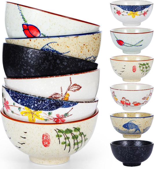 Retro Ceramic Bowls Set for 6, 4.5 Inch Japanese Chinese Bowl Small Hand-Painted Floral Plum Ceramic Bowls for Soup Rice Cereal Dessert Snack Fruit Salad Noodles, Dishwasher Microwave Safe