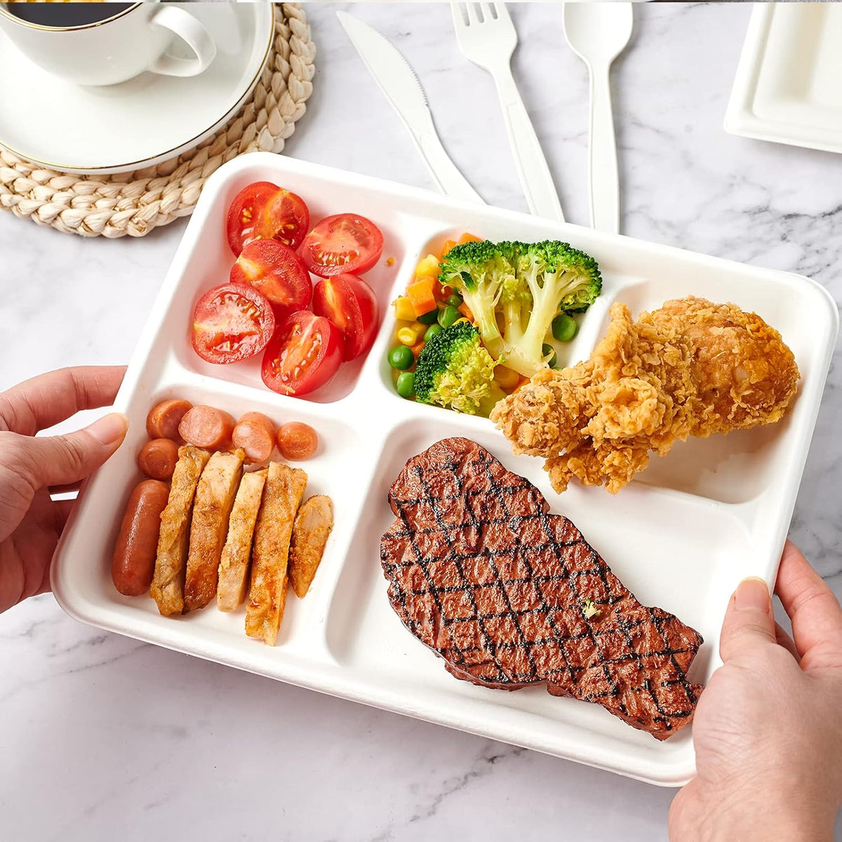 ECOLipak Compostable Disposable 5 Compartment Paper Plates, 10.25inch