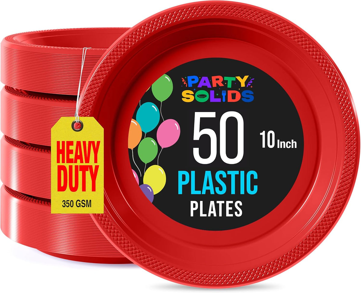 Exquisite Party Solids Sturdy Red Plastic Plates 10" Party Plates 50 Pcs