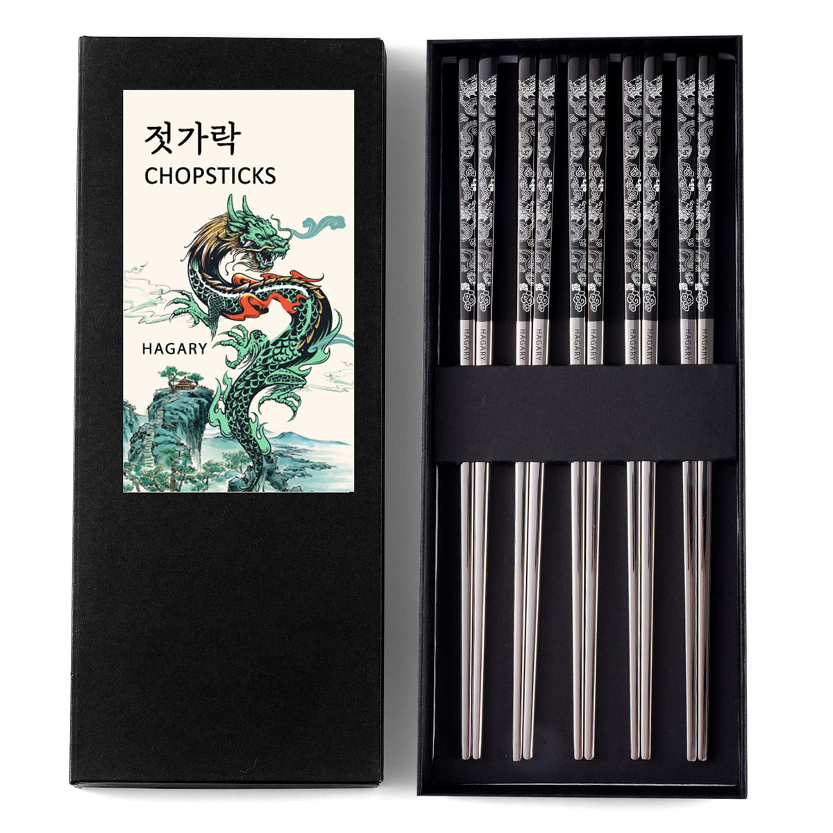 Hagary Dragon Chopsticks Metal Reusable Designed In Korea Japanese Style Stainless Steel 316 18/10 Non-Slip Dishwasher Safe Laser Etched (Gold - 5 Pairs)