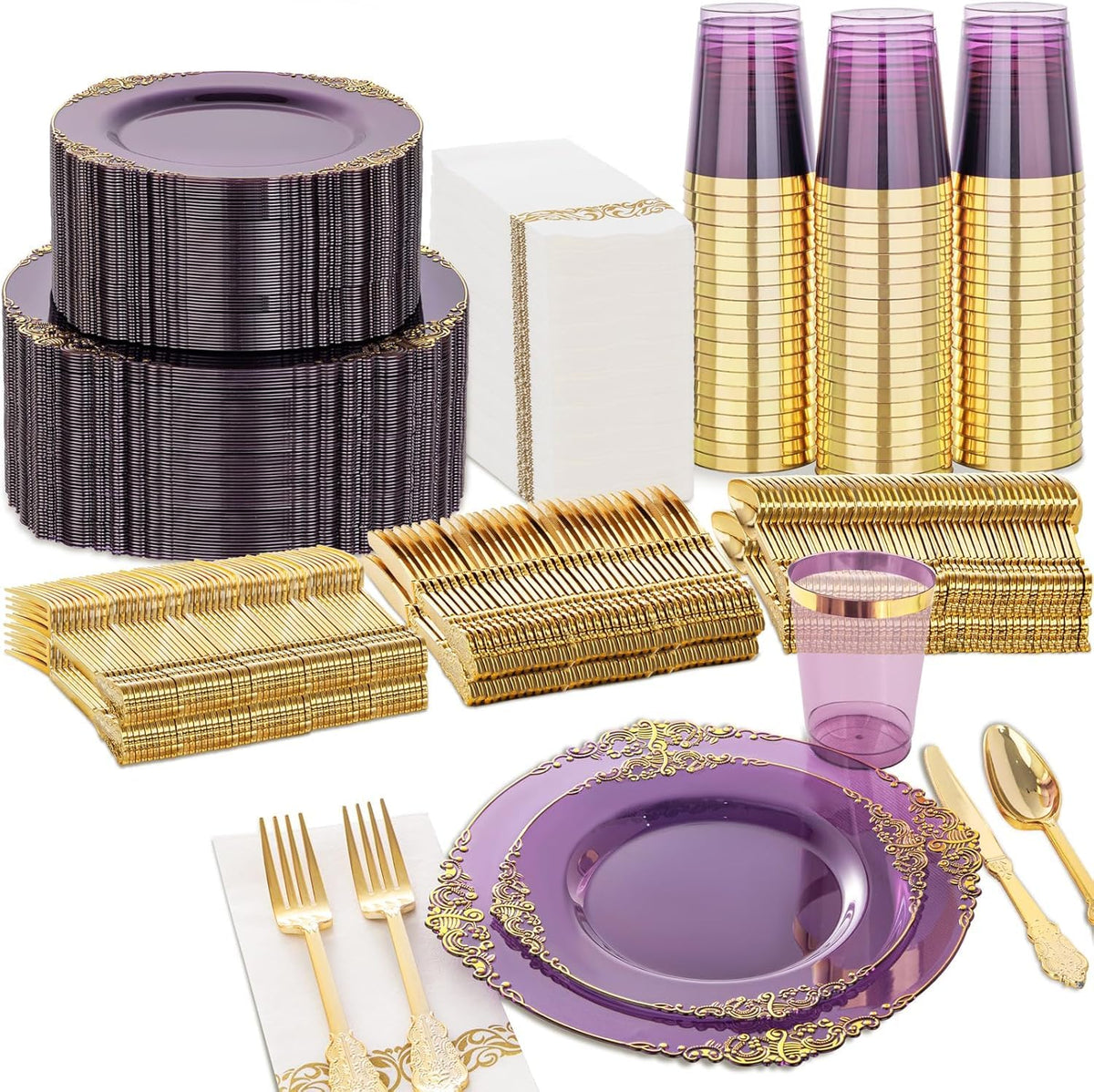 Nervure 350Pcs Gold Plastic Plates, Disposable Dinnerware Set for 50 Guests