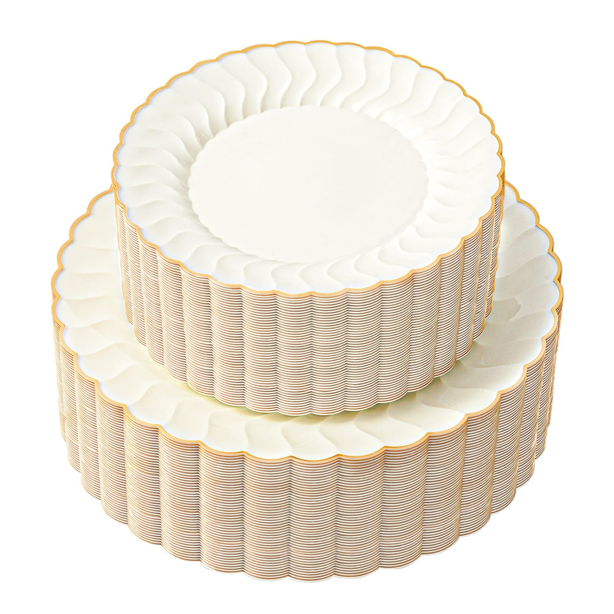 Lullaby 60PCS Ivory Scalloped Plastic Plate with Gold Rim for Party Wedding