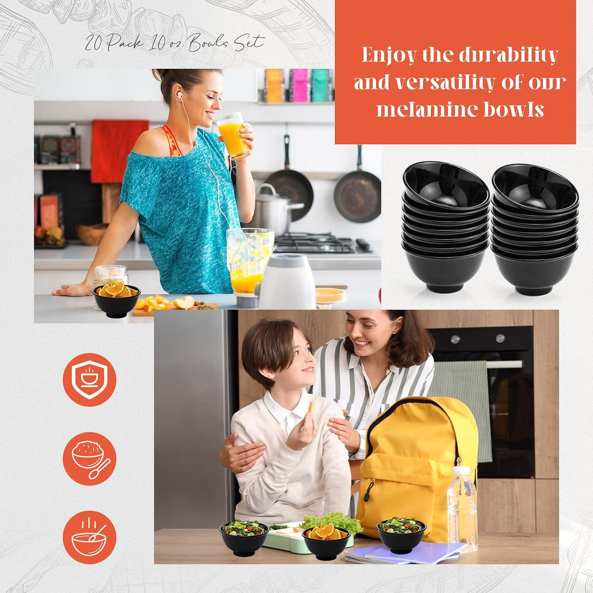 Tioncy 20 Pack 10 oz Melamine Bowls Black Round for Dessert Soup Cereal