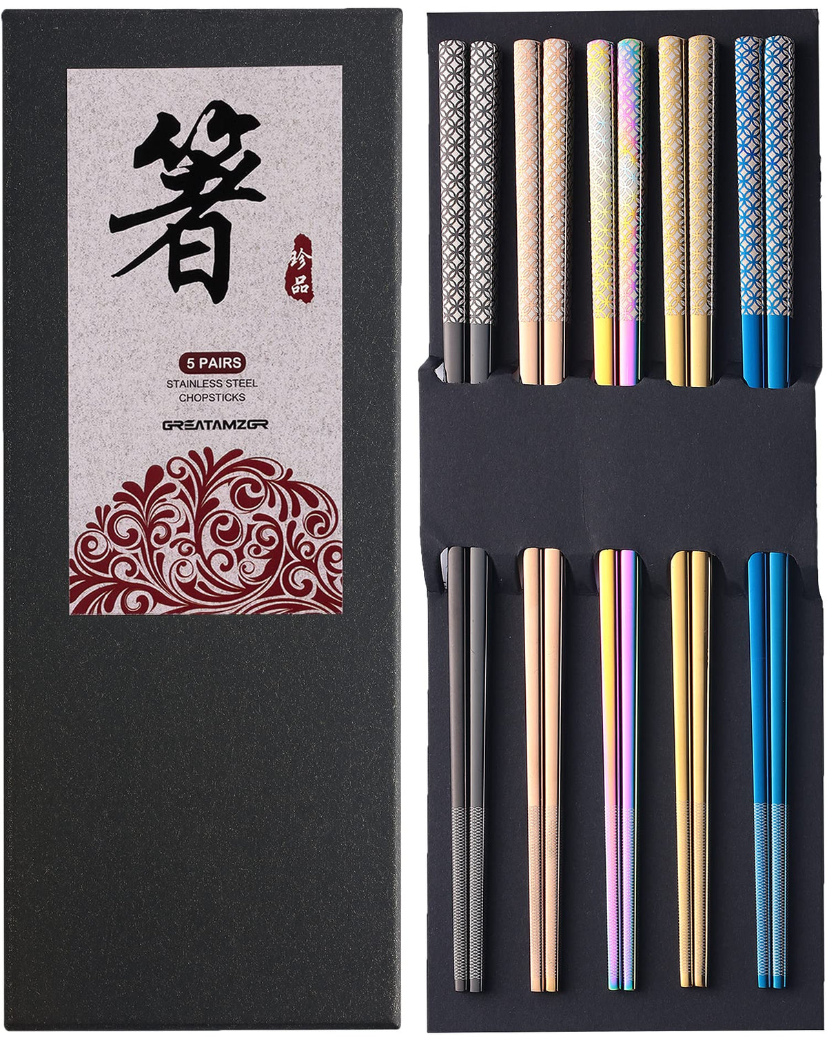 Metal Chopsticks Reusable 18/8 Stainless Steel Chopsticks Multipack Dishwasher Safe Chop Sticks Cute Laser Engraved Non-slip Japanese Korean Chopstick for Cooking Eating 9 1/4 Inches 5 Pairs Gift Set