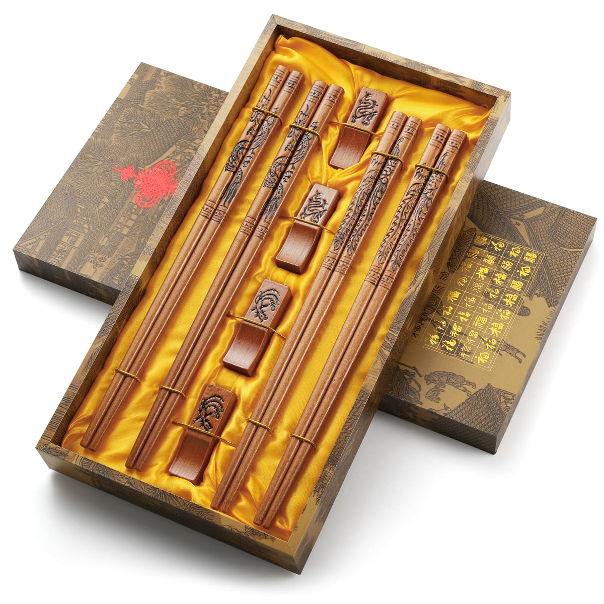 Chopstick Reusable Chinese Dragon and Phoenix Chopsticks with Holder and Carrying Bag Chinese Traditional Stylish Set（2 Pairs）