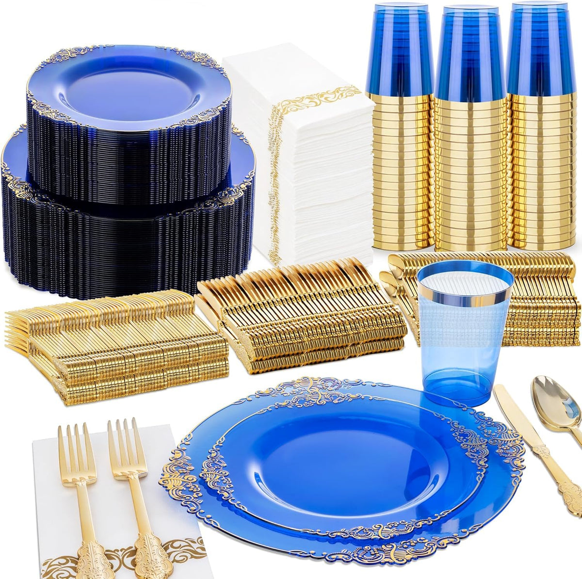 Nervure 350Pcs Gold Plastic Plates, Disposable Dinnerware Set for 50 Guests