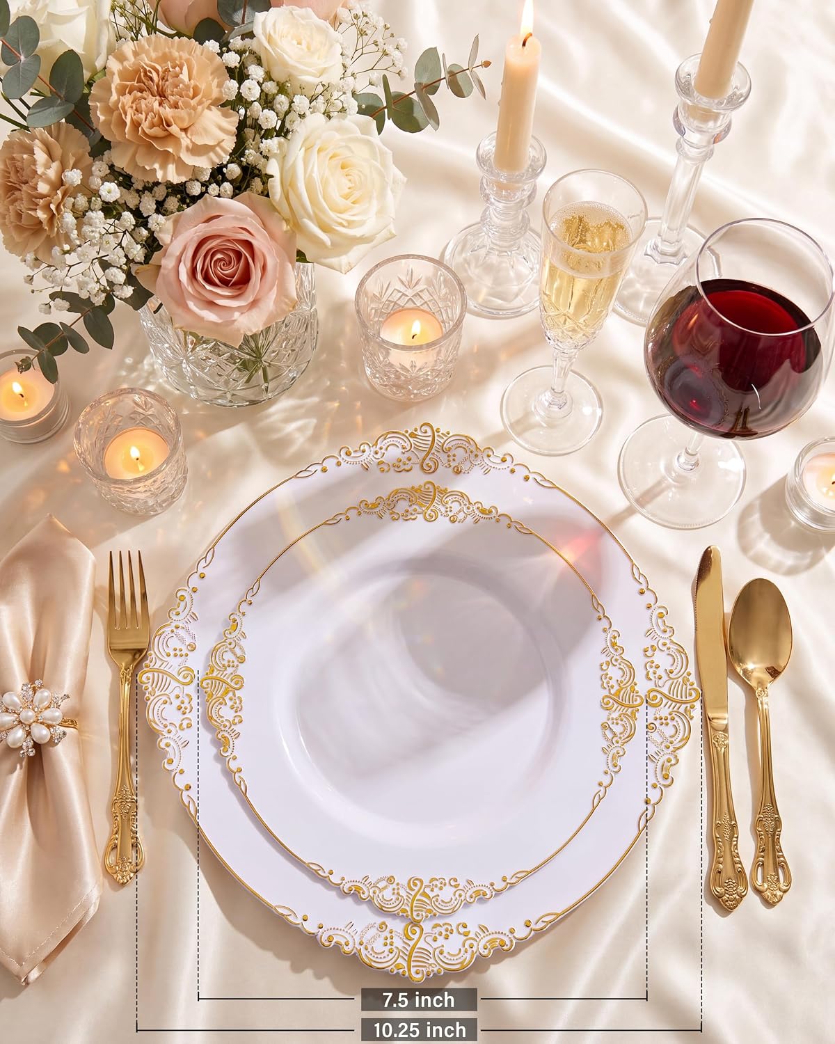 Nervure 200Pcs White Gold Plastic Plates, Disposable Plates for 100 Guests