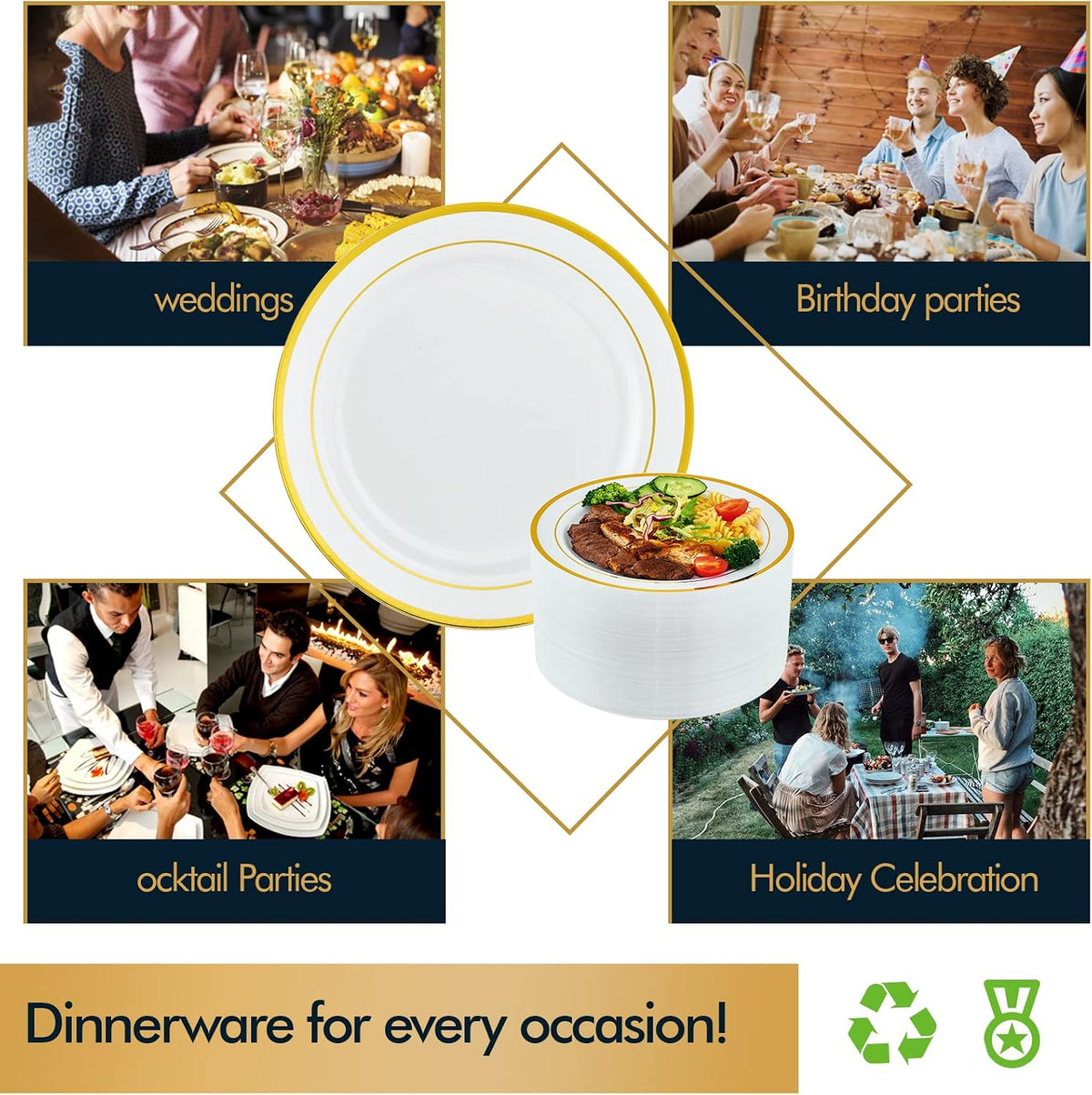 Vplus 100 Pack 10 in Gold Rimmed White Disposable Plastic Plates for Party