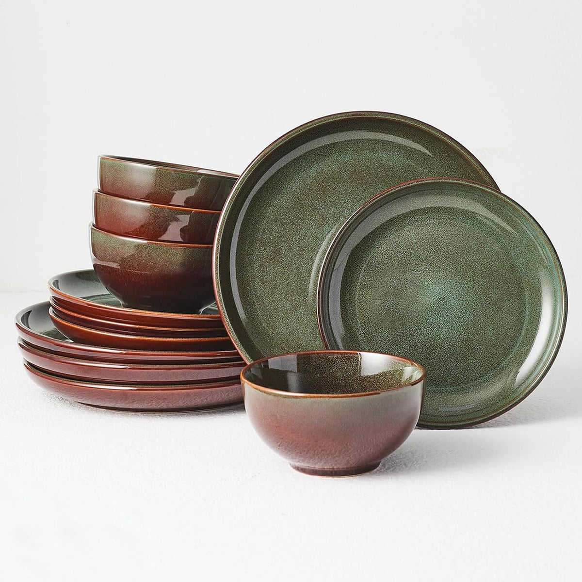 Pokini Stoneware Dinnerware Sets for 4, 12pcs Plates and Bowls Sets Dishes