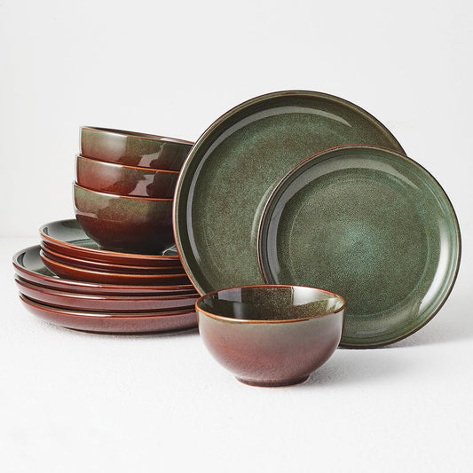 Pokini Stoneware Dinnerware Sets for 4, 12pcs Plates and Bowls Sets Dishes