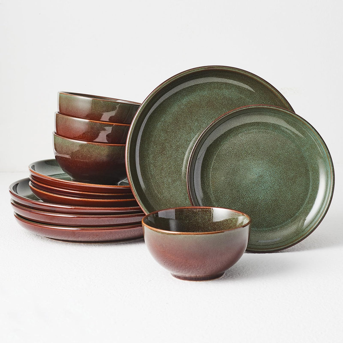 Pokini Stoneware Dinnerware Sets for 4, 12pcs Plates and Bowls Sets Dishes