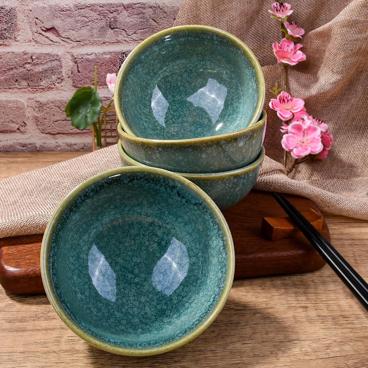 Porcelain Rice Bowl Set of 4, 4.5'' Green Reactive Glaze Sushi Bowls