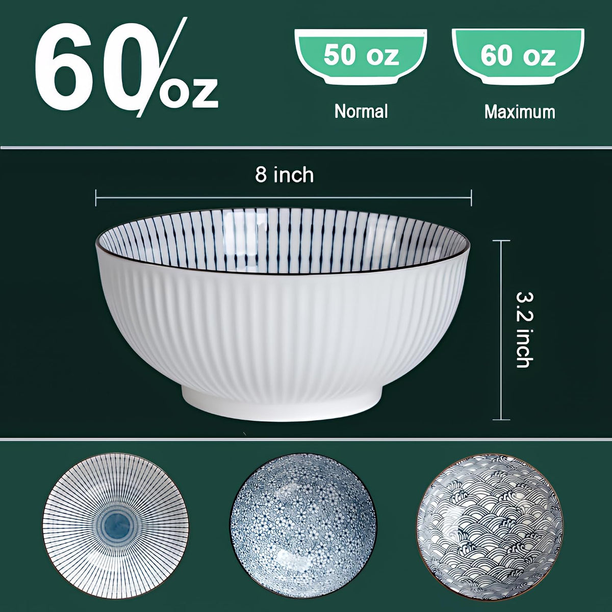 QINLANG 60 oz Large Soup Bowl, Pho Bowls, Japanese Ramen Bowls Set of 3, 8 in Blue and White Porcelain Big Bowls for Eating - 3 Mixing Patterns
