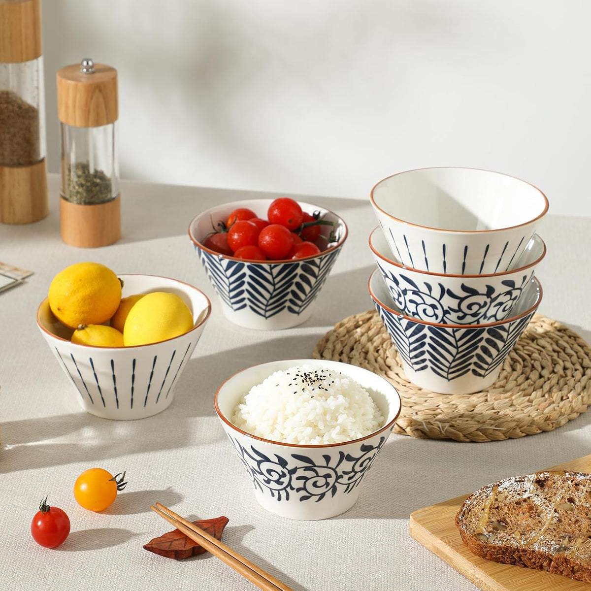 Rice Bowls,14oz Ceramic Bowl Set for 6,Miso Soup Bowls,Cute Bowls,Serving Bowls for Soup,Dessert,Snack,Fruit (Blue&White